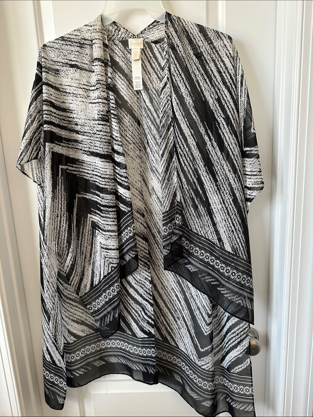 Chico's Black and White Open-Front Kimono Cardigan